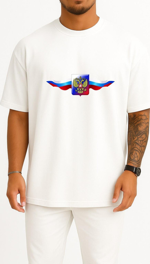 Oversize Multicolored Russia Coat Of Arms Logo Göğüs Tasarımlı Unisex T-Shirt