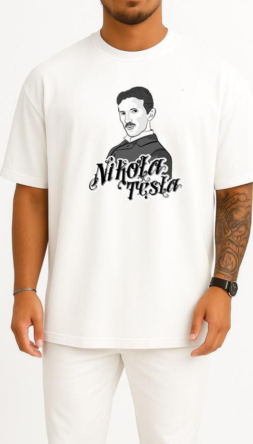 Oversize Nikola Tesla, Nikolas, Tesla, Energy Göğüs Tasarımlı Unisex T-Shirt