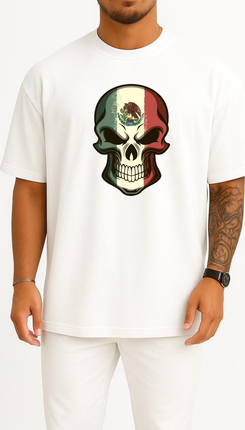 Oversize Flag Of Mexico Calavera Skull Decal Göğüs Tasarımlı Unisex T-Shirt