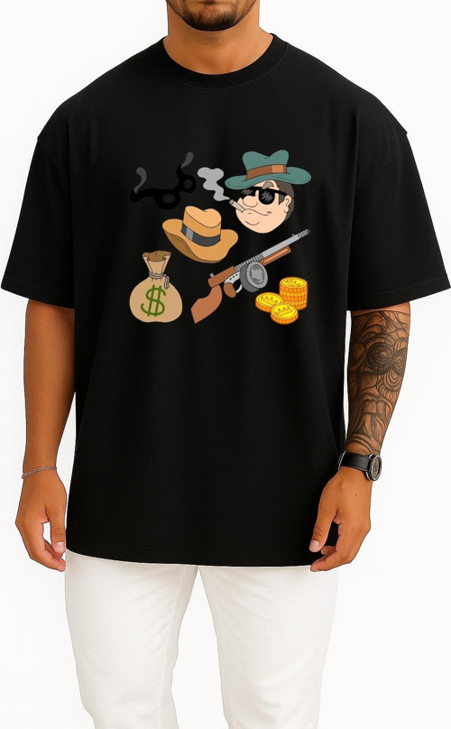Oversize Gangster Cartoon, Pirate Characters, Cartoon Character Göğüs Tasarımlı Unisex T-Shirt