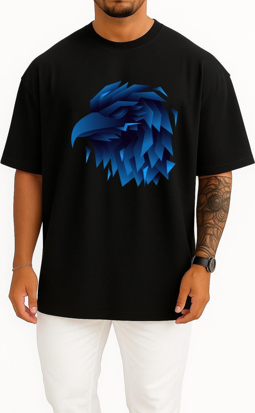 Oversize Mavi Animasyon Kartal Göğüs Tasarımlı Unisex T-Shirt