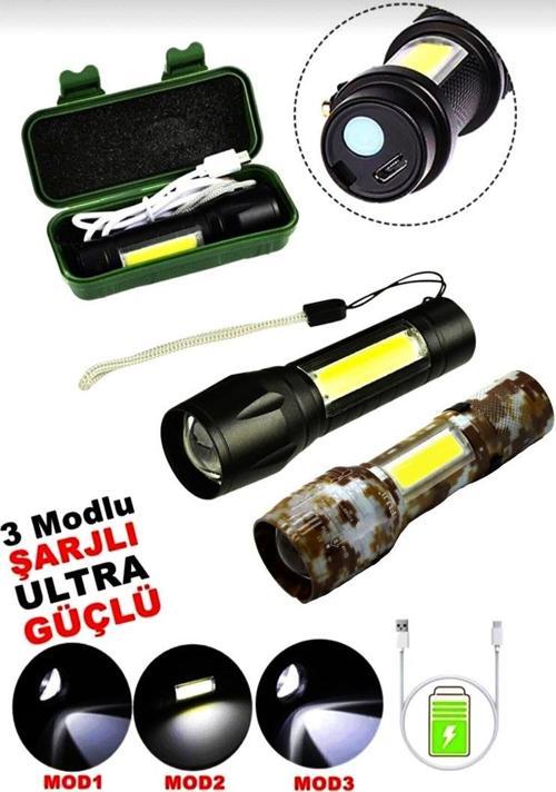 USB CHARGE 2İN13W+1W USB ŞARJLI LEDLİ POLİS EL FENERİ METAL KASA PLS.KUTU (81)