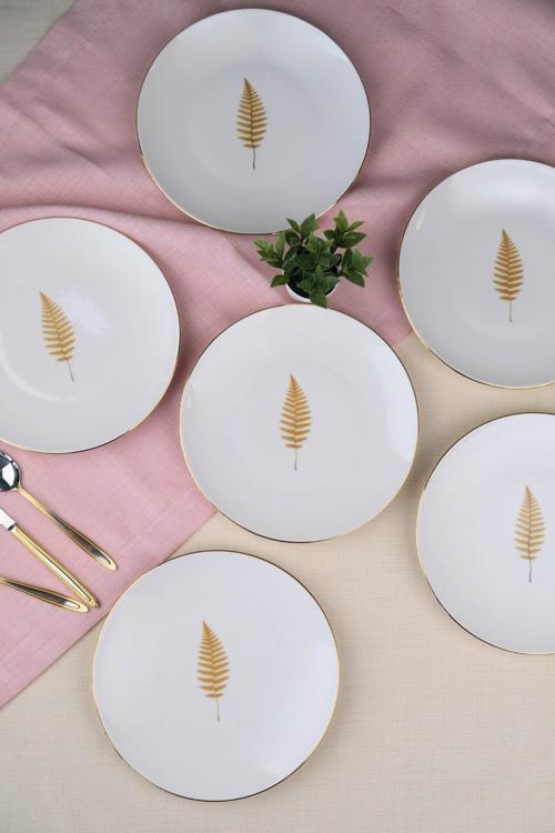 Porselen Natura Fern Altın Yaldız Pasta Tabağı 20,50cm 6 lı