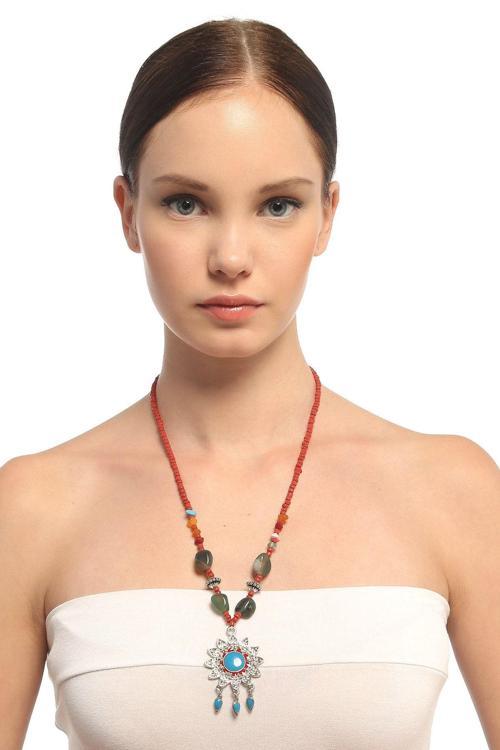 TKLY01736 Güneş Figür Otantik Doğal Taşlı Boncuklu Kolye