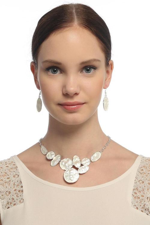 TKLY01929 Parlak Alpaka Sedef Görünümlü Kolye Küpe Set