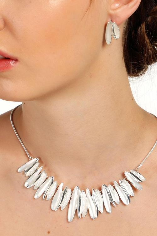 TKLY01930 Parlak Alpaka Mercan Görünümlü Kolye Küpe Set