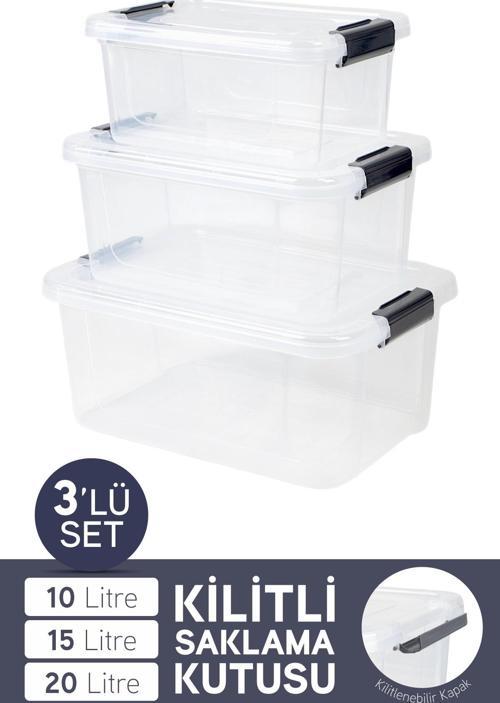 3'lü Saklama Kabı Yatay Dikdörtgen Kilitli Kapaklı Çok Amaçlı Oyuncak Saklama Kutusu 10-15-20 Litre