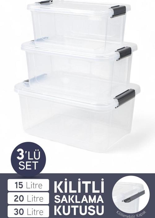 3'lü Saklama Kabı Yatay Dikdörtgen Kilitli Kapaklı Çok Amaçlı Oyuncak Saklama Kutusu 15-20-30 Litre