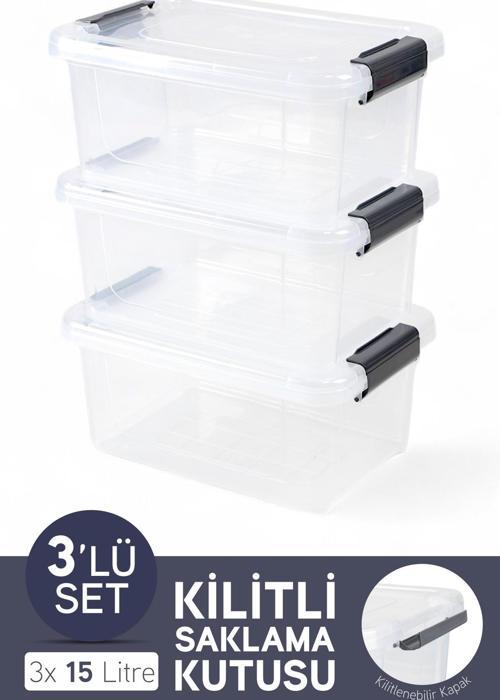 3'lü Saklama Kabı Yatay Dikdörtgen Kilitli Kapaklı Çok Amaçlı Oyuncak Saklama Kutusu 15 Litre