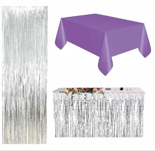 Mor Masa Örtüsü, Gümüş Masa Eteği, Gümüş Arka Fon 