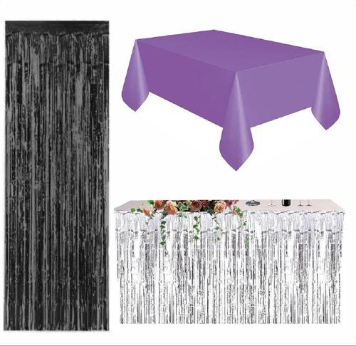 Mor Masa Örtüsü, Gümüş Masa Eteği, Siyah Arka Fon 