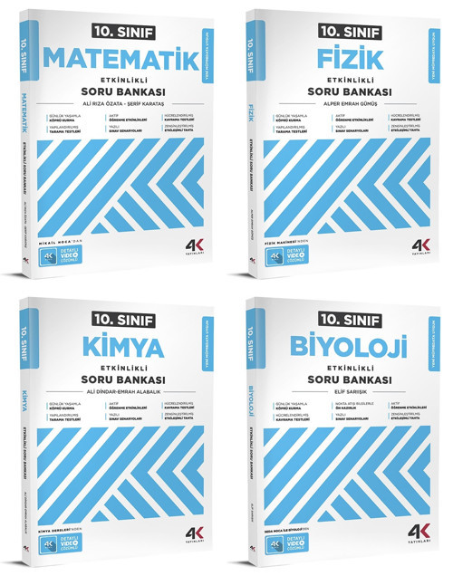 4K 2026 10. Sınıf Matematik + Fizik + Kimya + Biyoloji Soru Bankası Seti 4 Kitap