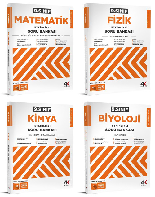 4K 2026 9. Sınıf Matematik + Fizik + Kimya + Biyoloji Soru Bankası Seti 4 Kitap