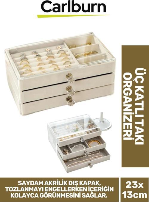 Özel Tasarım Çok Gözlü Saydam Kapak Yüzük Küpe Kolye Kadife Kaplı Üç Katlı Takı Organizeri