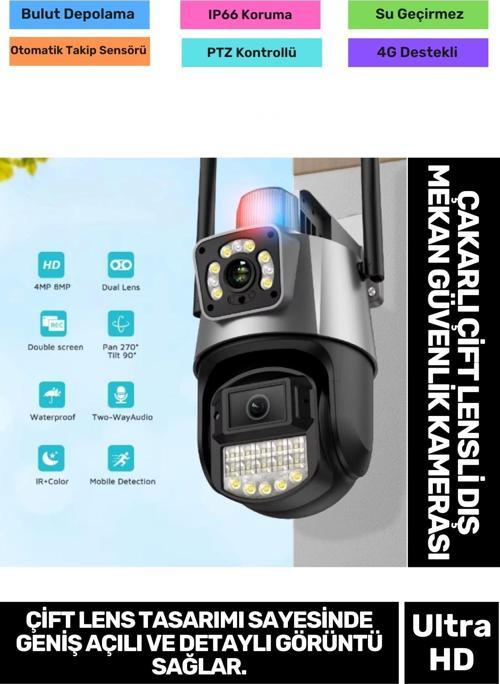 IP66 Su Geçirmez Tam Renkli Görüntüleme Hareket Sensör Çakarlı Çift Lensli Dış Mekan Güvenlik Kamera