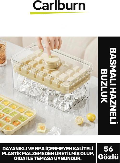 Yeni Nesil Dayanıklı Bpa İçermeyen Düğmeli Basmalı Çift 56'lı Buz Küpü Kalıbı Saklama Kutulu