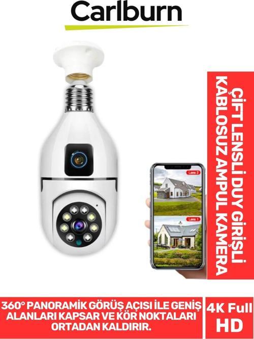 360° Panoramik Görüş 4K Full HD Çift Lensli E27 Duy Girişli 8 MP Kablosuz Ampul Kamera