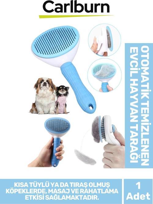 Premium Otomatik Tuşlu Temizlenen Evcil Hayvan Kedi Köpek Pet Tüy Toplayıcı Tarağı - Mavi