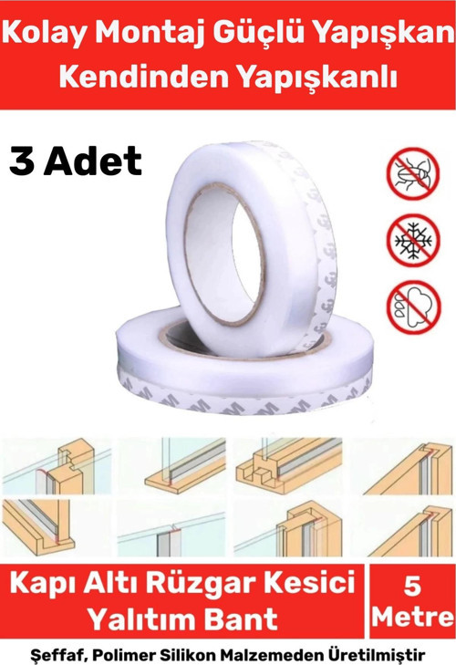 Ses Böcek Toz Önleyici Rüzgar Kesici Kapı Pencere Isı Izolasyon Yalıtım Şeffaf Şerit Bant 5mt 3 Adet