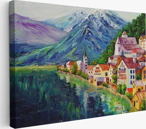 Avusturya Hallstatt Yağlıboya Görünüm Dekoratif Kanvas Duvar Tablosu-3438