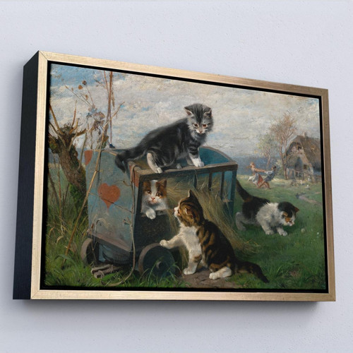 Çerçeveli Julius Adam - Çayırda Arabada Oynayan Kedi Yavruları Tablo-7084