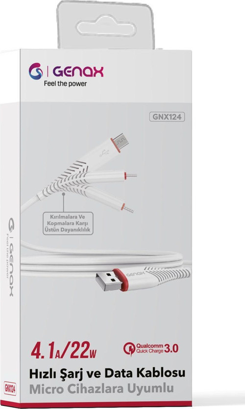 Genax Gnx124 Usb Micro To Usb Kablo Balık 3.4A 1M Beyaz