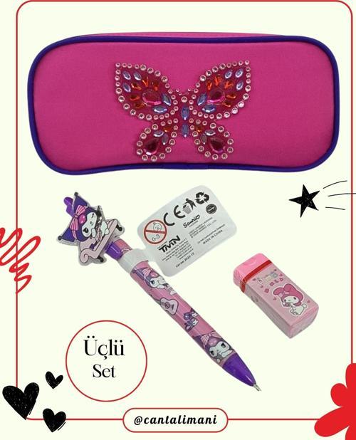 Kuromi Pembe Versatil Kalem, Silgi ve Kelebek Kabartmalı Kalem Çantası Seti  (Üçlü Set)