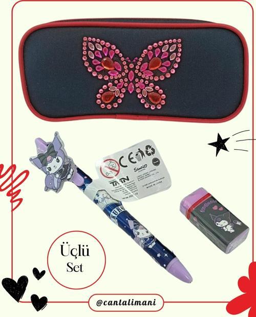 Kuromi Siyah Versatil Kalem, Silgi ve Kelebek Kabartmalı Kalem Çantası Seti  (Üçlü Set)