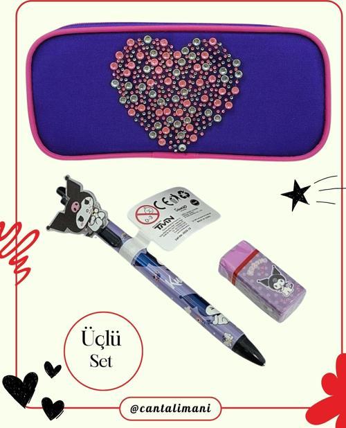Kuromi Mor Versatil Kalem, Silgi ve Kalp Kabartmalı Kalem Çantası Seti (Üçlü Set)