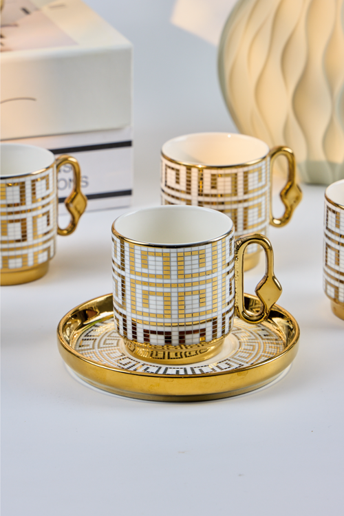 Gold Kenarlı Tabaklı 6'lı Türk Kahve Fincanı – Lüks Porselen