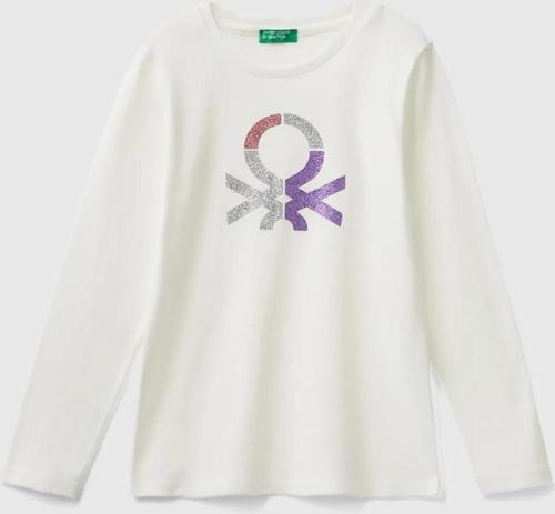 Kız Çocuk Beyaz Önü Parıltılı Logo Baskılı Regular Fit Uzun Kollu T-Shirt