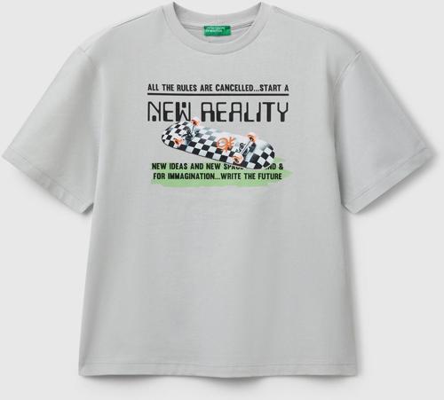 Erkek Çocuk Gri Melanj Baskılı Arkası Logo Etiketli T-Shirt