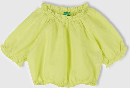 Kız Çocuk Sarı Keten Karışımlı Büzgü Dikişli Kısa Kollu Bluz