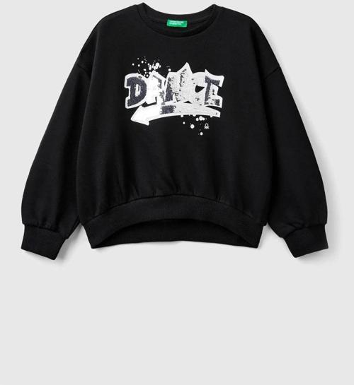 Kız Çocuk Siyah Önü Pullu Baskı Detaylı Bisiklet Yaka Sweatshirt