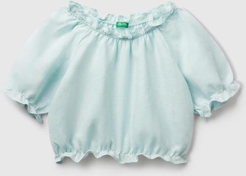 Kız Çocuk Su Yeşili Keten Karışımlı Büzgü Dikişli Kısa Kollu Bluz