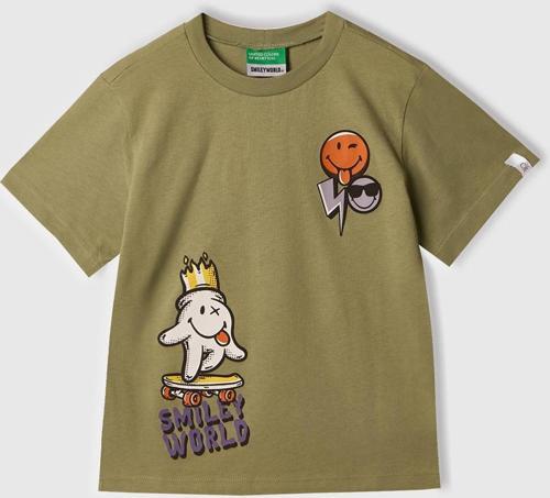 Erkek Çocuk Haki Smiley World Baskılı Logo Etiketli T-Shirt