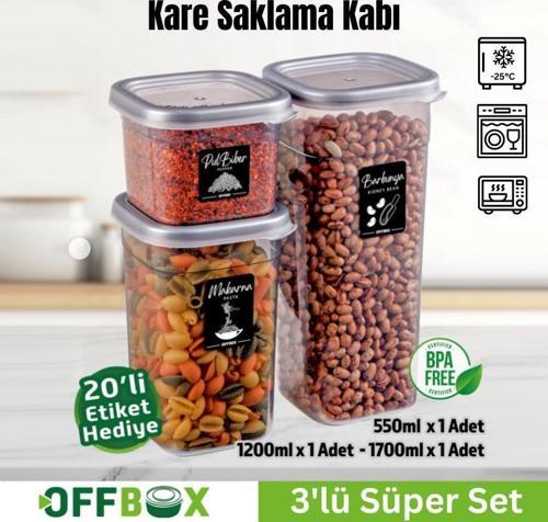 Offbox Kare Bakliyat Baharat Gıda Saklama Kabı - 3 Çeşit - 3 Adet
