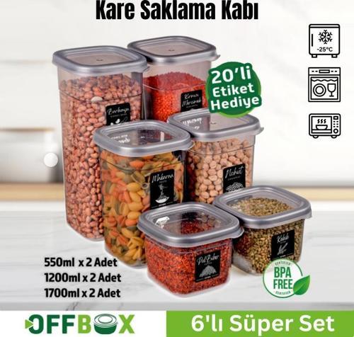 Offbox Kare Bakliyat Baharat Gıda Saklama Kabı - 3 Çeşit - 6 Adet