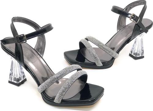 İremsu Kalın Şerit Taş Detaylı 8 cm Şeffaf Topuklu İnce Platform Kadın Abiye Ayakkabı