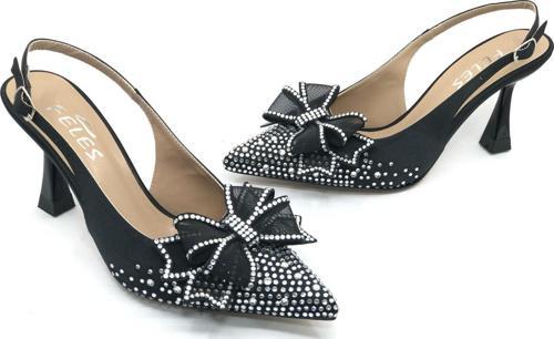 Feles Saten Kurdela Taş Detaylı Arkası Açık Stiletto Kadın Topuklu Ayakkabı