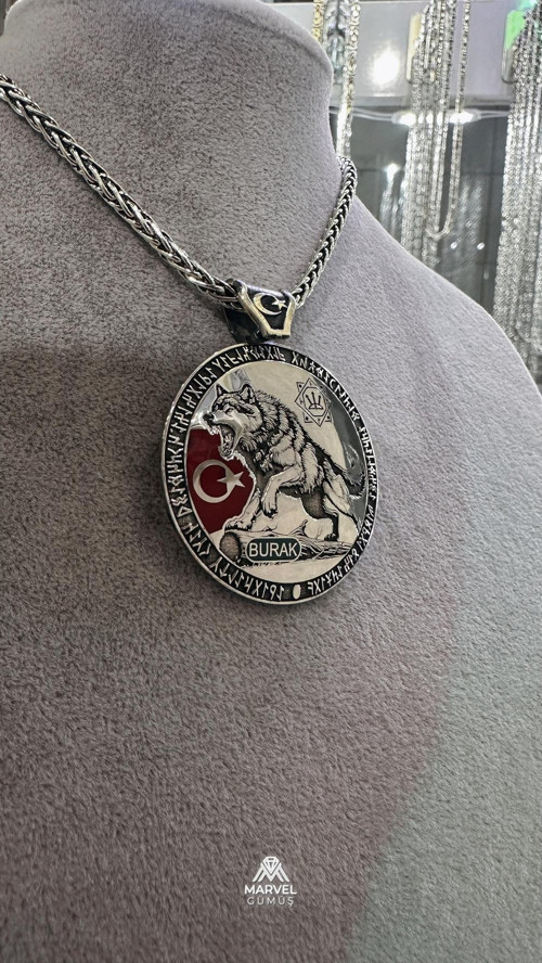 925 Ayar Gümüş Ay-Yıldız Ulu Kurt Madalyon Kolye