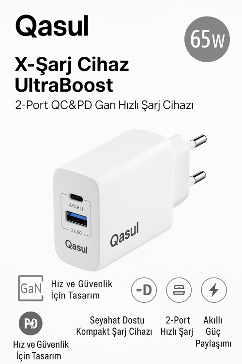 65W 2 Portlu Hızlı Şarj Adaptörü QC 3.0 + PD, Kompakt ve Güvenli Tasarım Telefon, Tablet ve Laptop