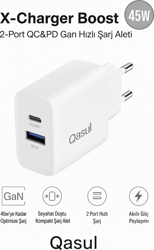 GaN Teknolojili 45W Çift Port Şarj Adaptörü Ultra Hızlı ve Güvenli Şarj Telefon Tablet Uyumlu
