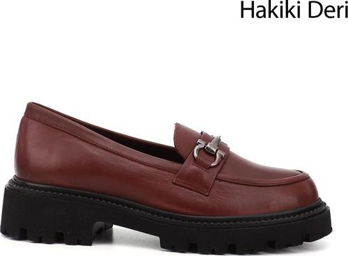 Kadın Bordo Kalın Topuklu Tokalı Hakiki Deri Loafer Ayakkabı