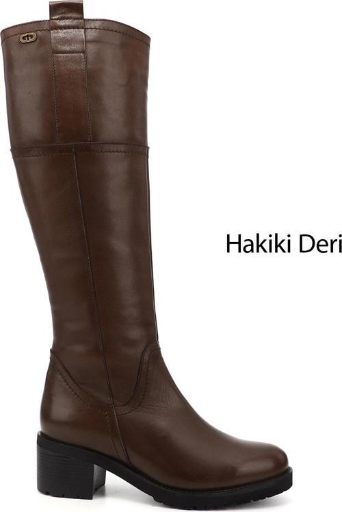 Kadın Kahve Antik Fermuarlı Kalın Topuklu Hakiki Deri Çizme