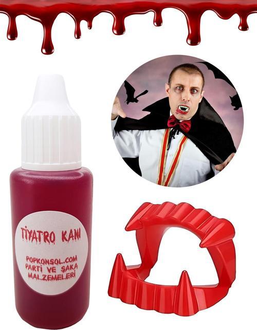 Vampir Kanı Ve Vampir Dişi Set Yapay Kan Parti Şaka Malzemesi Kırmızı