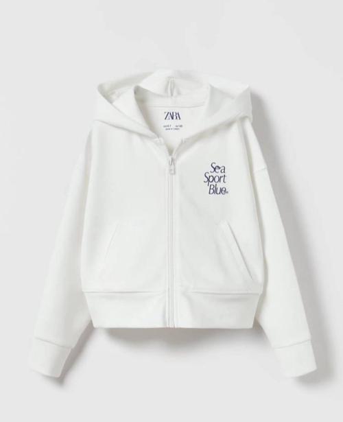 Kapüşonlu Crop Sweatshirt – Beyaz "Sea Sport Blue" Baskılı