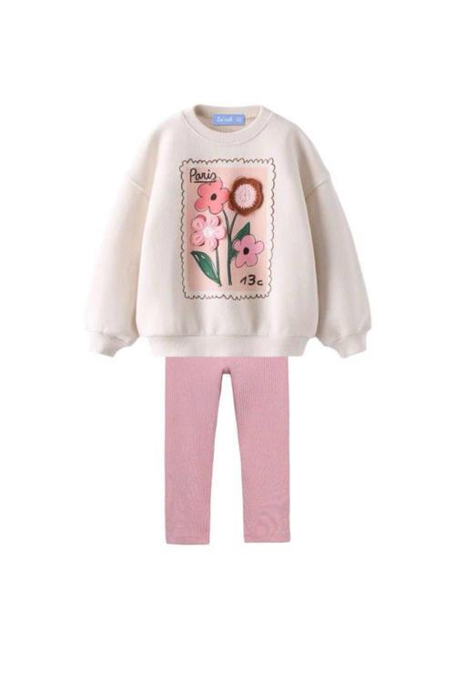 La Ciel Paris Kız Çiçek Aplikeli Sweatshirt & Pembe Tayt