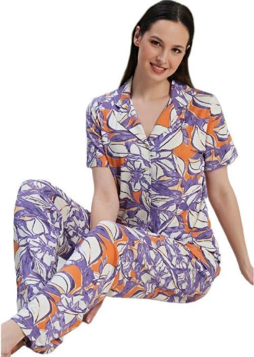 Kadın Pijama Takımı Kısa Kollu Düğmeli Viskon Viskoni Model M/2XL