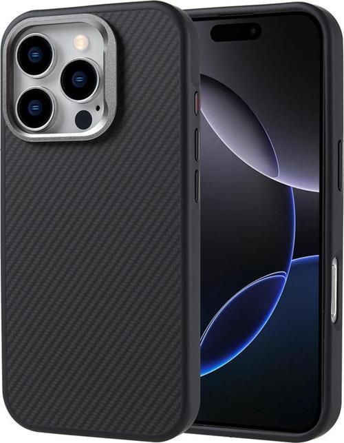 İphone 16 Pro Max Kılıf Magsafe Şarj Özellikli Karbon Fiber Görünümlü Zore Troy Kapak-Siyah